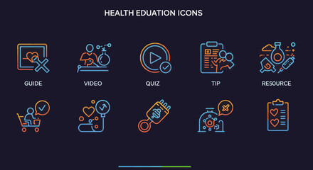 Health education icons set with guide, video, quiz, tip and resource for digital health and online learning