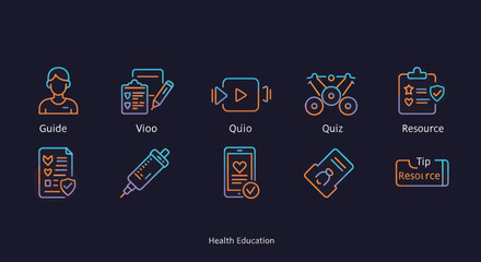 Aufkleber - Health education neon icons set for online learning and medical resources with guide, video, quiz, and tips for healthcare knowledge