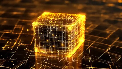 Wall Mural - Glowing golden cube in a digital circuit landscape