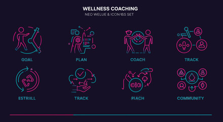 Poster - Neon wellness coaching icons set depicting goal setting, planning, coaching, and progress tracking