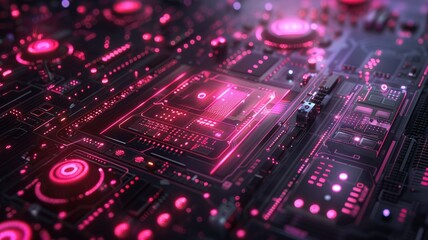 Fototapete - Abstract chip on complex circuit with digital technology style design and the neon electric light graphic show dynamic movement represent about processor algorithm process on high tech device. AIG53.