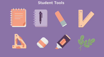 Poster - Student tools vector illustration featuring notebook, ruler, and stationery supplies for education and learning resources