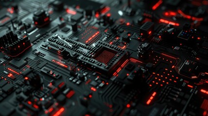 Fototapete - Abstract of chip on complex circuit with digital technology style design and the electric light graphic show dynamic movement represent about processor algorithm process on high tech device. AIG53.