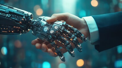Fototapete - Futuristic robot hand shaking human hand, signifying collaboration and technological advancement