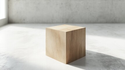 Poster - Simple wooden cube display podium on light concrete floor