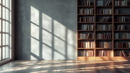 Aufkleber - Sunlight streams into a room with a large bookshelf filled with books