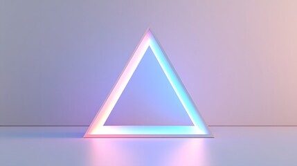 Poster - A minimalist 3D render of a glowing neon triangle frame. Pastel pink and blue lights illuminate the empty interior, creating a modern and stylish backdrop.