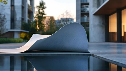 Poster - Modern sculpture reflecting in urban architecture at dusk