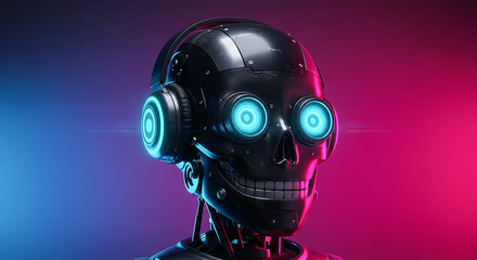 Poster - Skull-shaped robot listening to music with headphones in neon lighting