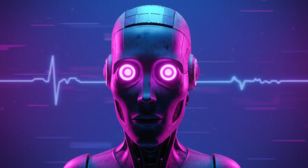 Poster - Robot showing glowing eyes and heartbeat monitor displaying vital signs