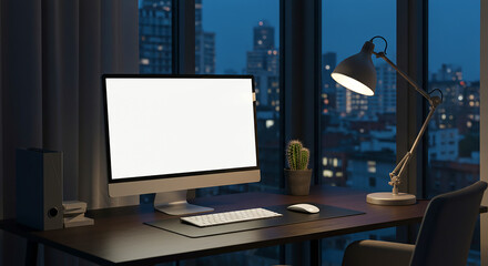 Leinwandbilder - Modern workplace setup with blank computer screen at night in office with city view