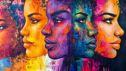 Poster - Vibrant multicolored abstract portraits progressively unveiled in artistic sequence