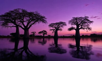Wall Mural - Serenity of purple skies and silhouetted trees reflecting on calm water at sunset