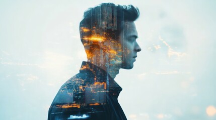 Aufkleber - Double exposure portrait of a man, cityscape superimposed