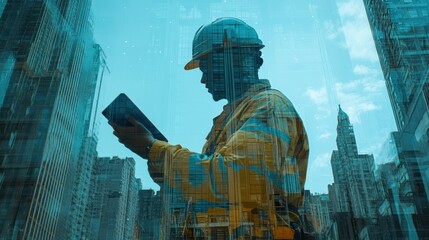 Poster - construction worker using digital tablet in urban setting