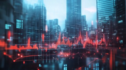 Poster - futuristic city skyline overlaid with financial data