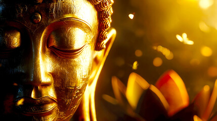 Aufkleber - Stunning close up of a serene Buddha statue glowing softly surrounded by gentle light and petals : Generative AI