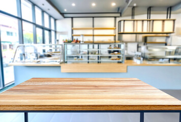 Poster - Modern wooden table in a stylish cafe interior showcasing bright airy ambiance and sleek design : Generative AI