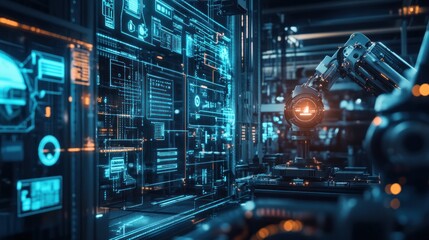 Leinwandbilder - Futuristic factory with advanced displays and robotic arm