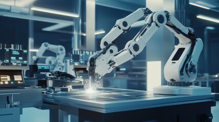 Leinwandbilder - Automated robotic arms working on a circuit board in a modern manufacturing facility