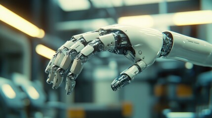 Poster - Advanced robotic hand in a factory setting.  Detailed mechanical structure