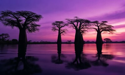 Wall Mural - Magnificent baobab silhouettes against vibrant sunset over serene lake reflections