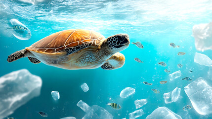Poster - Underwater Scene Featuring A Majestic Green Sea Turtle Swimming Among Crystal Clear Waters : Generative AI