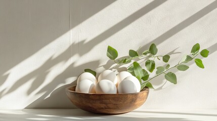 Poster - White Eggs in Wooden Bowl with Green Eucalyptus Branch Minimalist Still Life Photography Natural Light Soft Shadows Home Decor Aesthetic food calm    