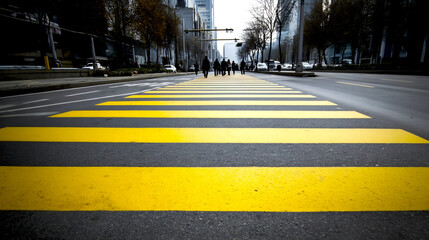 Poster - Yellow Pedestrian Crossing Lines on Urban Street with People Walking : Generative AI