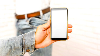 Poster - Person Holding a Smartphone with Blank Screen Against a Light Wall for Mobile Display or App Mockup : Generative AI
