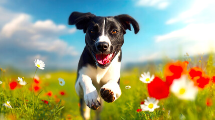 Poster - Happy playful dog running through a field of blooming flowers on a sunny day : Generative AI