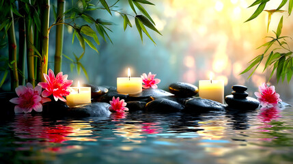 Poster - Serene natural setting with tranquil water candles flowers and bamboo creating a peaceful retreat atmosphere : Generative AI