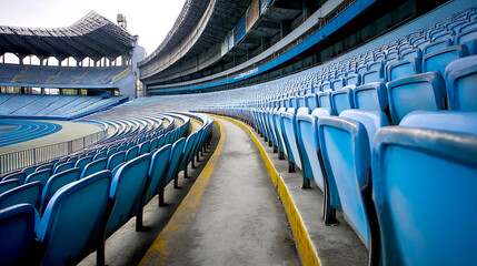 Fototapete - A Wide Angle View of Empty Stadium Stands with Blue Seats and an Inviting Pathway Leading Forward : Generative AI