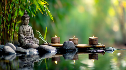 Poster - Tranquil Buddhist Statue Surrounded by Greenery and Peaceful Candles by Calm Waters : Generative AI