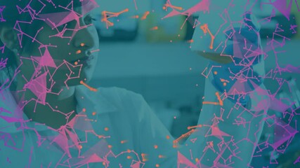 Poster - female scientist examining yellow flask in science lab, with pink-orange network nodes overlaying