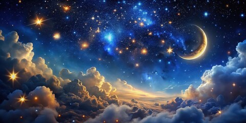 Wall Mural - celestial dreamscape a serene nocturne of clouds, stars, and a crescent moon above