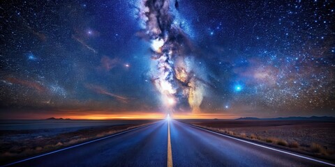 Wall Mural - A Journey Under a Celestial Canvas An Endless Asphalt Path Towards the Galactic Core