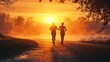 © Daisha - Sunrise run: Inspiring silhouette of couple jogging together in misty morning light
