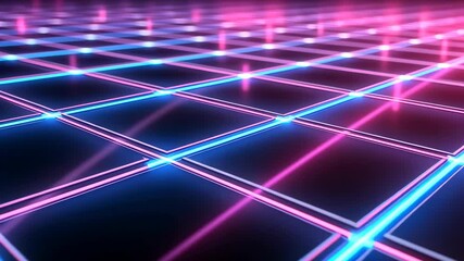 Poster - Dynamic neon grid patterns in motion with vibrant blue and pink lights