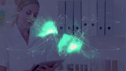 Poster - Woman reviewing tablet among office shelves, displaying technology network overlay connecting data