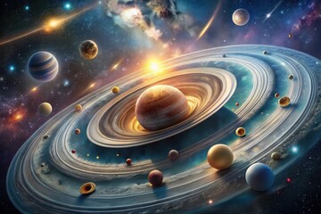 Wall Mural - a celestial dance planets orbiting a gas giant with extensive ring system in a vivid cosmic scene