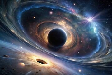 Wall Mural - cosmic dance a celestial body orbits a swirling nebula near a black hole, illuminated by a distant s