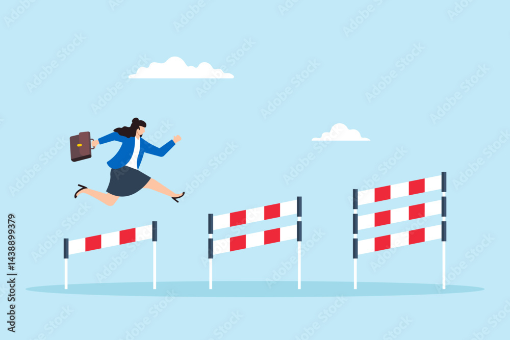 Flat illustration of businesswoman confidently jumping over hurdles to ...