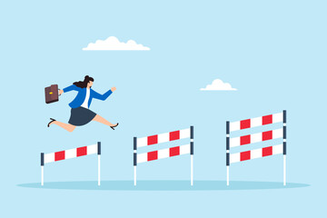 Poster - Flat illustration of businesswoman confidently jumping over hurdles to overcome career challenges and achieve success