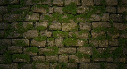 Poster - Mossy Stone Wall Texture: Rustic Cobblestone with Lush Green Growth