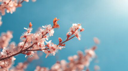 Beautiful spring cherry blossom tree branch against blue sky floral nature photography background image