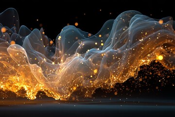 Poster - Glowing Particle Flow: Ethereal Waves of Light with Golden Bokeh on a Dark Background, High Resolution Abstract Design