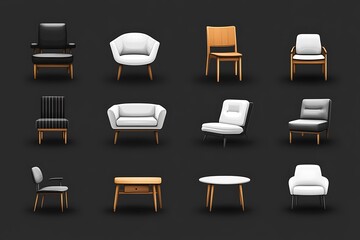 Fototapete - Collection of various modern chairs and tables in minimalist style on a dark background