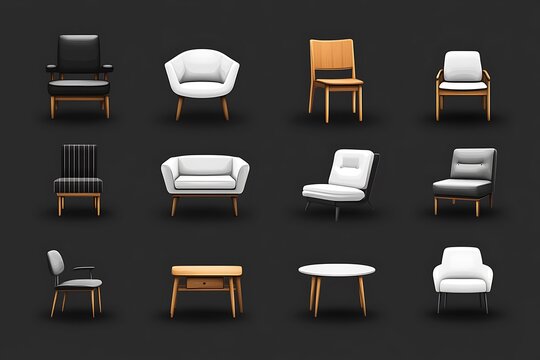 Collection of various modern chairs and tables in minimalist style on a dark background