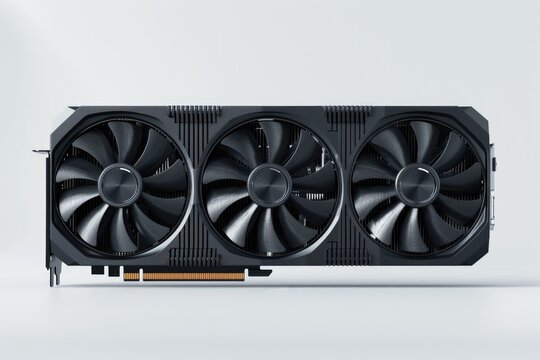 A high-performance graphics card with three large cooling fans designed for gaming and rendering. isolated on white background